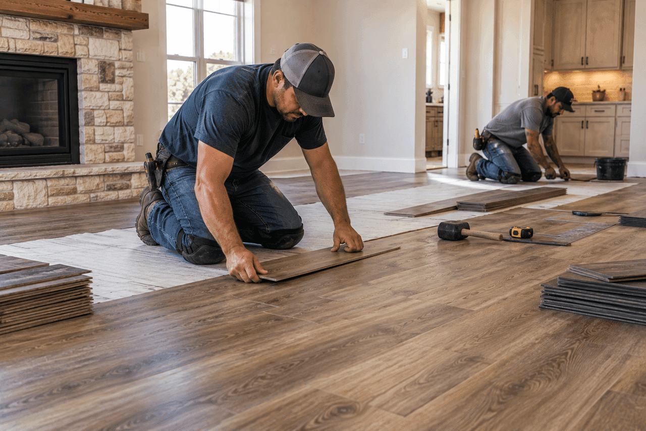 Somervell Floors installation crew installing flooring in a Granbury, TX home